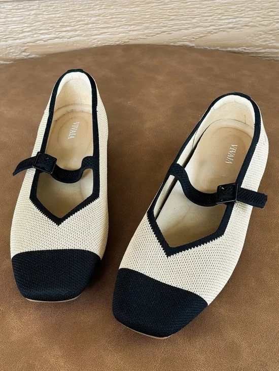 Vivaia NWOB Beige Mary Jane Knit Flats with Black Square Toe and Strap -Sz 41 - Picture 2 of 5